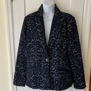 CAbi Blazer Wool Blend Pattern 1 Button Womens 8 Blue Gray Dressy Preppy Classic